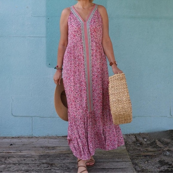 J.Jill Pink Green Floral V-neck Flounced Hem Sleeveless Maxi Dress - Picture 2 of 14